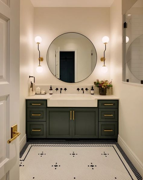 Coeur d'Alene Lake House Dark Green Bathrooms, Black And White Tiles Bathroom, Black Vanity Bathroom, White Bathroom Tiles, Vanity Design, Black And White Tiles, Up House, Green Bathroom, Small Bathroom Decor