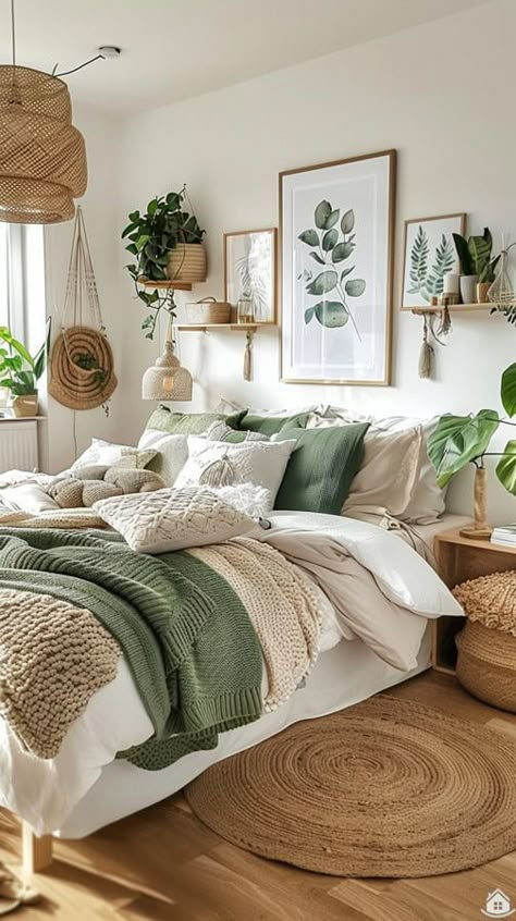 Plants In The Bedroom Decor, Bedroom Wall Decor Plants, Natural Bohemian Bedroom, Bedroom Inspirations Hardwood Floor, Sage Green Bedroom Theme, Neutral Room With Green Accents, Room Inspiration Bedroom Green, Bedroom Decor Ideas 2024, White Bedroom Green Accents