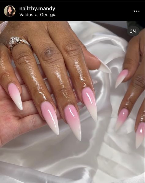 Long Almond Nails Designs Ideas, Ombre Almond Nails With Design, Pink And White Ombre Nails Almond, Ombre Nails Almond, Ombré Almond Nails, Light Pink Ombre Nails Almond, Pink White Ombre Nails Almond, Baby Pink Stiletto Nails, Pink And White Ombre Almond Shaped Nails