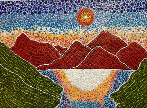 Zoomed in picture of the work - Step by step tutorial on landscape dot painting Landscape Dot Painting, Dot Painting Landscape, Painting Landscape Ideas, Drawers Upcycle, Step Landscape, Paintings Of Christ, Aboriginal Dot Painting, Aboriginal Dot Art, Leisure Space