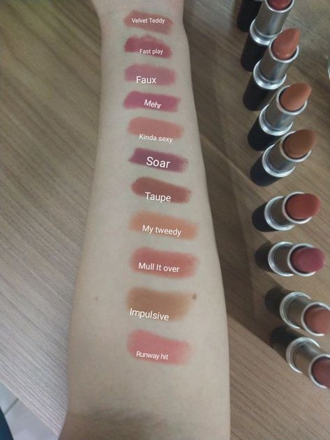 Mac Swatches Lipstick, Nude Lipstick Mac, Mac Swatches, Mac Makeup Lipstick, Shades Of Lipstick, Mac Lipstick Swatches, Mac Cosmetic, Mac Lipstick Shades, Eyeliner Techniques