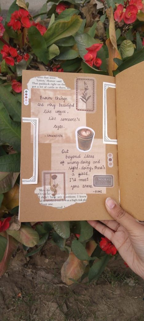 Coffee Theme Scrapbook, Vintage Theme Journal Ideas, Brown Theme Journal Ideas, Coffee Journal Page, Coffee Theme Journal, Collage Notebook, Quotes Rumi, Slam Book, Scrapbook Paper Crafts Diy