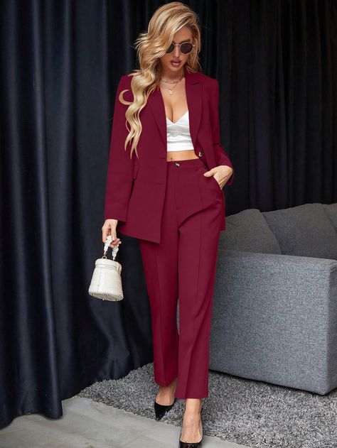 Conjunto de traje de 2 piezas de chaqueta y pantalones de unicolor para mujer Burdeos Elegante    Liso  No-Elástico Primavera/Otoño Women Clothing, size features are:Bust: ,Length: ,Sleeve Length: Burgundy Suit Women, Burgundy Suit, Couture Mode, Blazer Set, Red Blazer, September 2024, Suit Set, Cami Dress, Elegant Woman