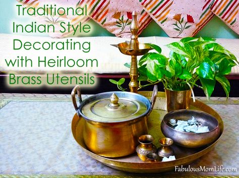 Traditional Indian Style Decorating arrangement using mom's hand-me-downs and heirloom brass utensils with my favorite 'mogra' flowers. Brass Decor Indian, Brass Utensils, Kitchen 2021, Wooden Cupboard, Household Help, Indian Kitchen, Indian Decor, Brass Decor, Indian Style