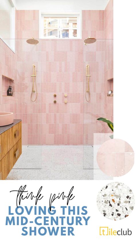 Blush pink ceramic subway tiles meet speckled terrazzo shower floors in this gorgeous walk-in shower with gold rain shower heards and brass hardware! Pink And Brass Bathroom, Bathroom Pink Terrazzo, Pink Tile Shower Bathroom, Blush Shower Tile, Pink And Marble Bathroom, Pink Subway Tile Bathroom, Pink Modern Bathroom, Pink Shower Tile, Pink Subway Tile