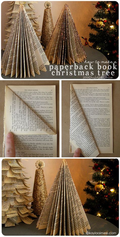 Easy Christmas Craft Tutorial: how to make a christmas tree from a paperback book Joululahjat Diy, Book Christmas Tree, Book Page Crafts, Christmas Paper Crafts, Paper Christmas Tree, Paper Tree, Easy Christmas Crafts, Book Folding, Craft Tutorial