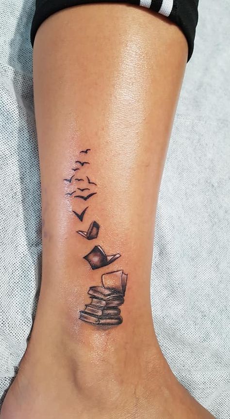 Beautiful Book Tattoos, Book Work Tattoo, Book Worms Tattoo, Flying Book Tattoo, Classic Book Tattoos, Books And Birds Tattoo, Flying Books Tattoo, Small Tattoo Ideas Books, Book Love Tattoo