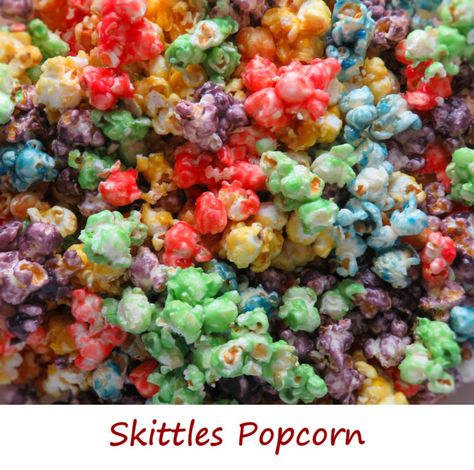 Skittles Popcorn - Life's A TomatoLife's A Tomato Candy Coated Popcorn, Candied Popcorn, Coated Popcorn, Skittles Candy, Rainbow Popcorn, Owl Birthday Parties, Leftover Halloween Candy, Popcorn Balls, Baking Fun