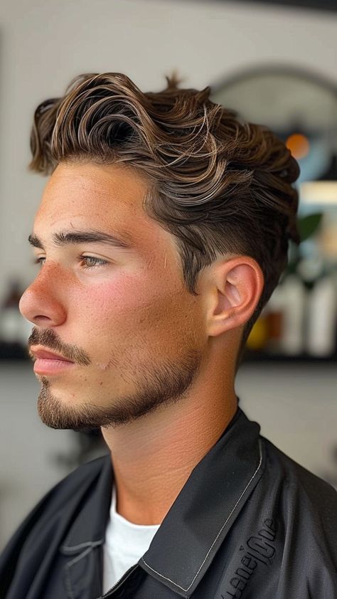 Gentleman's Guide: 24 Slicked-Back Hairstyles to Impress Men’s Wavy Mullet, Long Wavy Perm Men, Slicked Back Wavy Hair Men, Classic Hairstyle Men, Textured Slick Back Men, Men’s Permed Hairstyles, Brushed Back Hair Men, Wavy Slick Back Men, Mens Classic Hairstyles