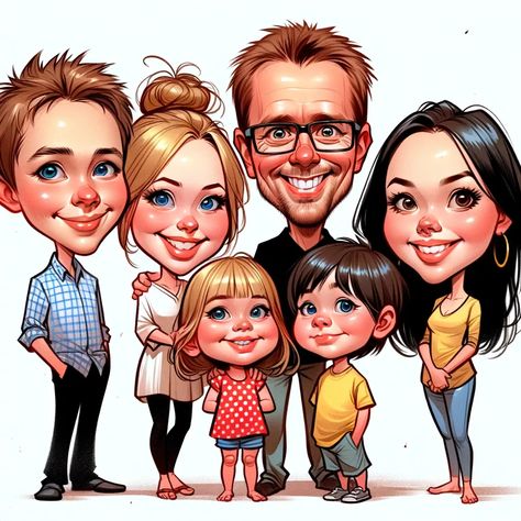 Funny caricature drawing of a family of 6. Great gift idea for parents or grandparents! #family #caricature . #Caricature_Family #Family_Caricature #Unique_Family_Gifts #Caricature_Gifts Drawing Of A Family, Caricature Examples, Caricature Drawings, Unique Family Gifts, Custom Family Illustration, Caricature Gifts, Caricature Portrait, Personalized Caricature, Funny Cartoon Characters