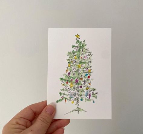 Watercolour Pencil Christmas Cards, Tree Drawing Pen, Tree Christmas Cards, Pencil And Pen, Watercolor Birthday Cards, Watercolor Birthday, Tree Christmas, Illustration Artists, Paint Pens