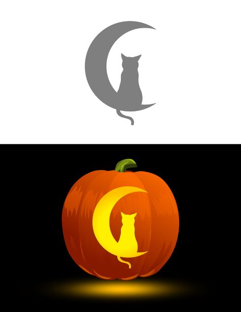 Printable Cat and Crescent Moon Pumpkin Stencil Cat On Moon Pumpkin Carving, Simple Witch Pumpkin Carving, Pumpkin Moon Carving, Pumpkin Carving Ideas Easy Aesthetic, Moon Carved Pumpkin, Cat Moon Pumpkin Carving, Cat Pumpkin Carving Stencils Printable, Witch Cat Pumpkin Carving, Cat Silhouette Pumpkin Carving