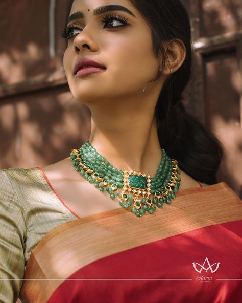 Green Beads Short Necklace ~ South India Jewels Hyderabadi Jewelry, Latest Indian Jewellery, Indian Celebrity, Indian Jewelry Earrings, Choker Necklace Designs, Choker Designs, Gold Jewelry Simple Necklace, Jewellery Diamond, Pearl Necklace Designs