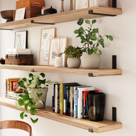 Liven Up Your Walls With Forte 72"x9.25" Floating Bookshelves Forte floating book shelf for wall provides you a designated spot to organize books, and neatly display picture frames, fake plants, or home accessories as a part of your home decor. Shelves With Plants, Floating Bookshelf, Floating Bookshelves, Shelf Decor Living Room, Shelving Design, Inspire Me Home Decor, Living Room Shelves, Room Shelves, Decoration Inspiration