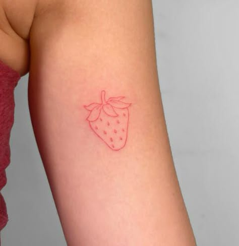 Red Ink Strawberry Tattoo, Pink Strawberry Tattoo, Strawberry Shortcake Tattoos, Fine Line Strawberry Tattoo, Tiny Strawberry Tattoo, Red Strawberry Tattoo, Tatos Ideas, Strawberry Tattoo Minimalist, Tattoo Strawberry