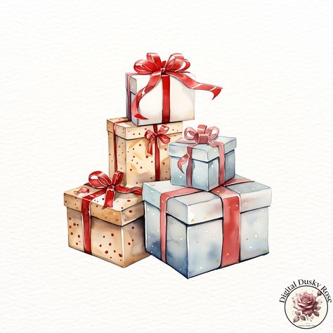 Watercolor Retro Christmas Presents Clipart: Colorful Gifts with Ribbon Bows for Festive Crafts and Holiday Decor https://digitalduskyrose.etsy.com/listing/1780684988 Add a nostalgic and cheerful touch to your holiday projects with our Watercolor Retro Christmas Presents Clipart! This beautifully illustrated set features colorful gifts wrapped in vibrant paper and tied with ribbon bows, perfect for enhancing your Christmas cards, scrapbooking layouts, party invitations, and festive holiday ... Watercolor Christmas Presents, Christmas Present Illustration, Gifts With Ribbon, Watercolor Christmas Cards Diy, Watercolour Challenge, Colorful Gift Wrapping, Festive Crafts, Watercolor Christmas Cards, Cards Scrapbooking