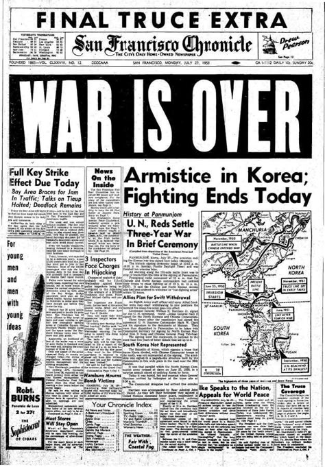 Chronicle Covers: The disputed end to the Korean War Newspaper Front Pages, Newspaper Cover, Newspaper Headlines, Historical Newspaper, Vintage Newspaper, Newspaper Design, Today In History, Historical Documents, Old Newspaper