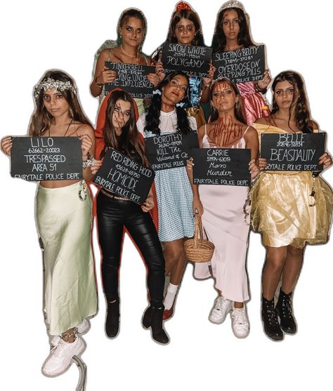 disney princesses in jail Princesses In Jail Costume, Arrested Disney Princess Costume, Disney Princess Halloween Costumes Group, Group Halloween Costumes Disney, Sleeping Beuty, Disney Princess Halloween Costumes, Costumes For Teenage Girl, Red Mary Jane Shoes, Make Your Own Costume