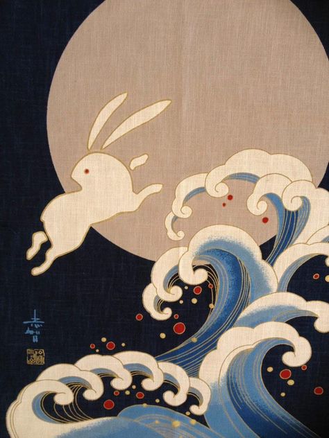 Rabbit Moon Illustration, Rabbit On The Moon, Moon Rabbit, Fabric Panel Quilts, Asian Fabric, Japon Illustration, Rabbit Art, Bunny Art, Year Of The Rabbit