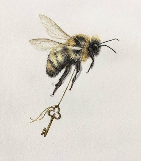 Bumble Bee Illustration, Queen Bee Tattoo, Queen Bees Art, Honey Bee Tattoo, Key Tattoo, Bee Illustration, Fantasy Tattoos, Science Illustration, Fire Tattoo