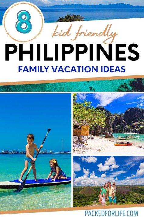 Get inspired by these fun, family friendly places to vacation in the Philippines. From the sunny beachside of Boracay and El Nido, to rolling Chocolate Hills of Bohol, and city attractions of Manila plus more. So many amazing places to explore the Philippines with kids. Best places Philippines with kids | Vacations in Philippines | Family vacation ideas | Kid Friendly beach vacations Philippines With Kids, Fun Vacation Ideas, Philippines Holiday, Places To Travel With Kids, Philippines Family, Philippines Trip, Places To Vacation, Philippines Vacation, Resorts For Kids