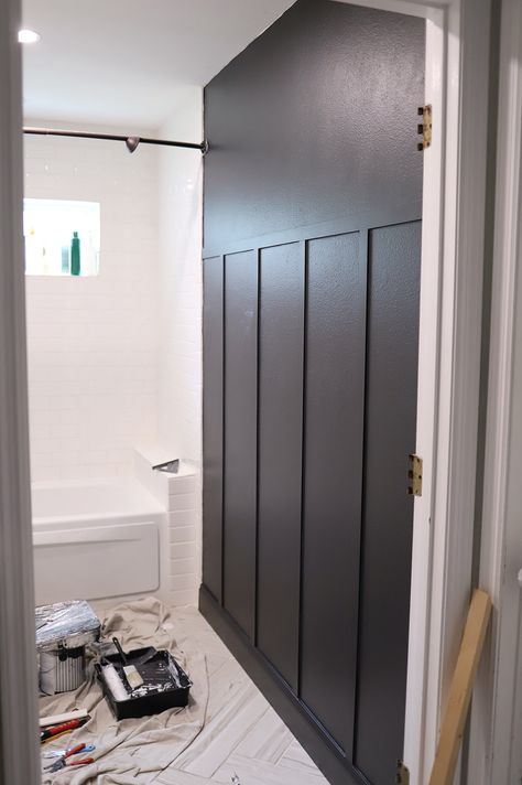 Bathroom Accent Wall Board And Batten, Tall Board And Batten Wall Bathroom, Board And Batten Bathroom Paint Colors, Green Bathroom Board And Batten, Board And Batten Bathroom Diy, Dark Board And Batten Bathroom, Dark Bathroom Accent Wall, Board And Batten Shower Wall, Moody Grey Bathroom