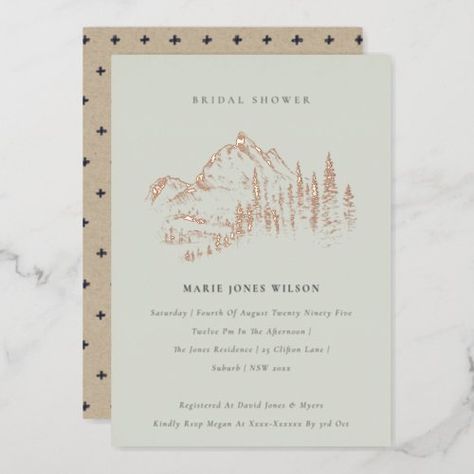 Saga Green Rose Gold Mountain Pine Bridal Shower Foil Invitation #zazzle #weddinginvitations #birthdayinvitations #babyshowerinvitations #zazzleinvitations #monogram #businesscards #graduation #homedecor Camping Wedding Invitations, Wine Bridal Shower Invitations, Tropical Bridal Shower Invitations, Gold Mountain, Bridal Shower Wine, Tropical Bridal Showers, Winter Wedding Invitations, Camp Wedding, Foil Wedding Invitations