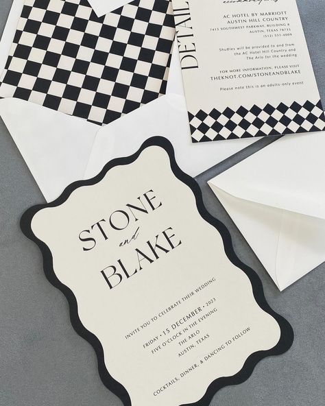 DESIGNER’S NOTES: When working with Stone on her custom invitations, we leaned heavily into a modern black and white style, but with fun typography and shapes to add a touch of whimsy. A wave die-cut card is the star of the show, with retro black and white checkered detailing throughout. 🖤 #pcdcustom #blackandwhitewedding #blackandwhiteweddinginvitations #neutralweddinginvitations #modernwedding #modernweddinginvitation #whimsicalwedding #scallopedstationery #scallopedinvitation #thearlo #ar... Invitation Card Black And White, Checkered Wedding Invitation, Black And White Stationery, Modern Black And White Invitation, Black And White Packaging, Checkered Wedding, Black White Wedding Invitations, Die Cut Card, Black And White Wedding Invitation