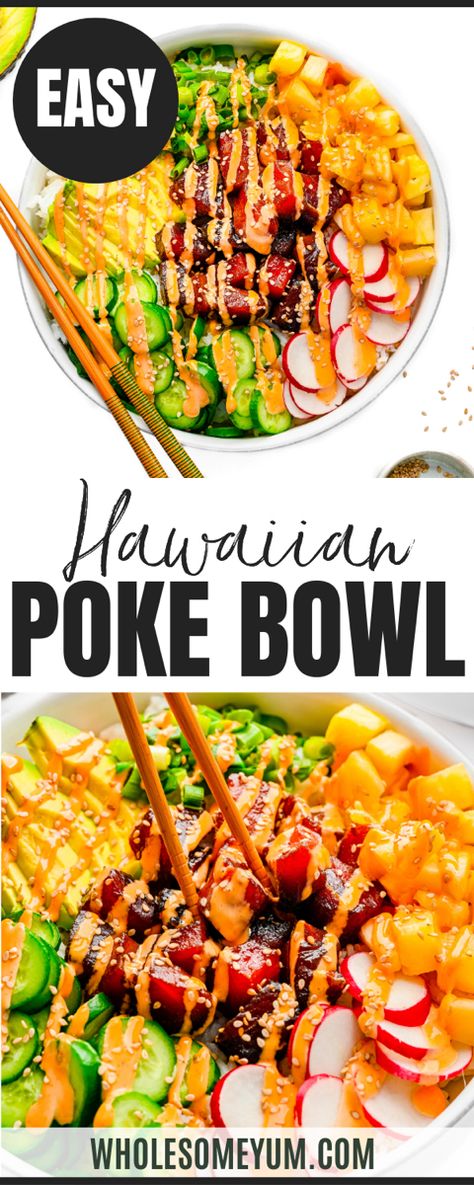 Hawaiian Poke Bowl Tuna With Rice, Tuna Sushi Bowl, Salmon Poke Bowl Recipe, Tuna Poke Bowl Recipe, Hawaiian Poke Bowl, Hawaiian Poke, Sushi Bowl Recipe, Poke Recipe, Sushi Recipes Homemade