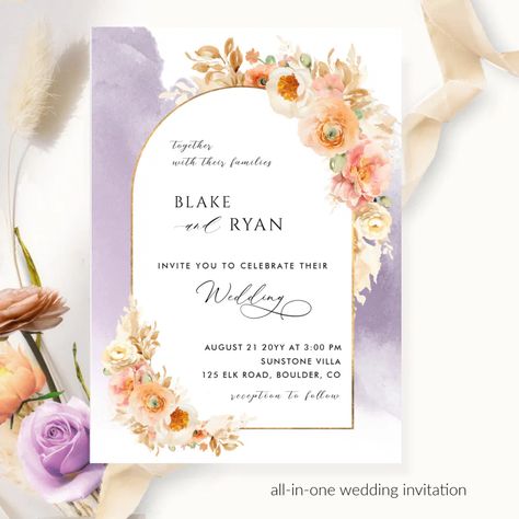 Elegant Floral Arch Peach Blush Lavender Wedding I Invitation Blush Lavender Wedding, Peach Lavender Wedding, Peach And Lavender Wedding, Oval Wedding Invitation, Lilac Wedding Themes, Peach Wedding Theme, Lavender Invitation, Lilac Wedding Invitations, Lavender Wedding Theme