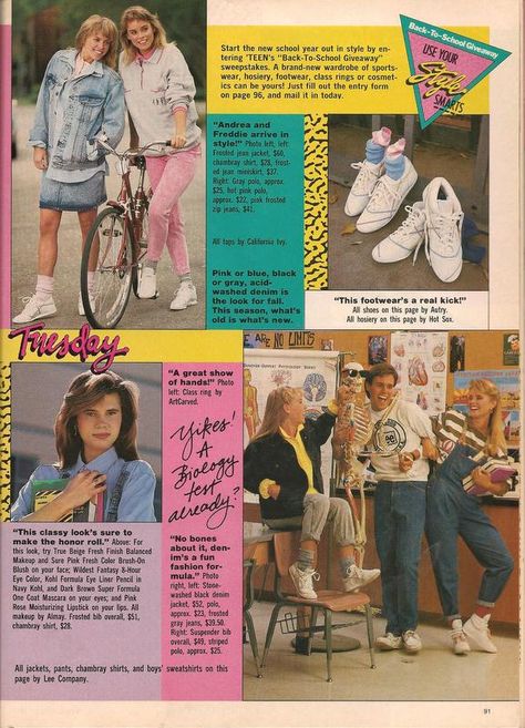 Teen Magazine August 1987 Fashion Advertorial '80s Clothes, Hair, & Makeup 80s Magazine, 1987 Fashion, 80s Clothes, Clothes Teen, Eighties Style, School Giveaways, 90s Teen, Yearbook Themes, 80’s Fashion