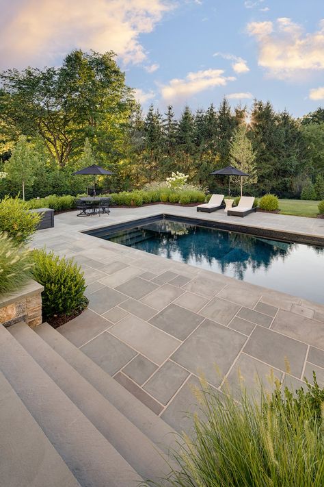 Briarly Drive — ThomasFlint Pool In The Woods Backyard, Steps Down To Pool, Pool Hardscape Ideas, Landscape Design With Pool, Pool Landscaping Backyard, Pool Hardscape, Beach House Pool, Landscaping Around Pool, Hardscape Ideas