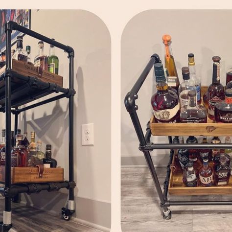 Sujey Valdes on Instagram: "Another project I created for my son is a bar cart. I used wooden wine boxes that I already had refinished before. Then I went to @loweshomeimprovement and purchased some Steeltek black pipe and fittings, including the wheels. I cut the pipe to the dimensions I needed and put it altogether! The Bourbon Bar is complete! #barcart #bar #bourbon #bourbonbarcart #steelpipe #steelpipefurniture #pipefurniture #apartmentdecor #apartmentliving #apartmentdesign #fyp #collegedecor #collegedormdecor @valdesestevan @drjorgeluisvaldes" Bourbon Bar, Wine Boxes, Wooden Wine Boxes, College Decor, Pipe Furniture, Black Pipe, College Dorm Decorations, Wine Box, A Bar