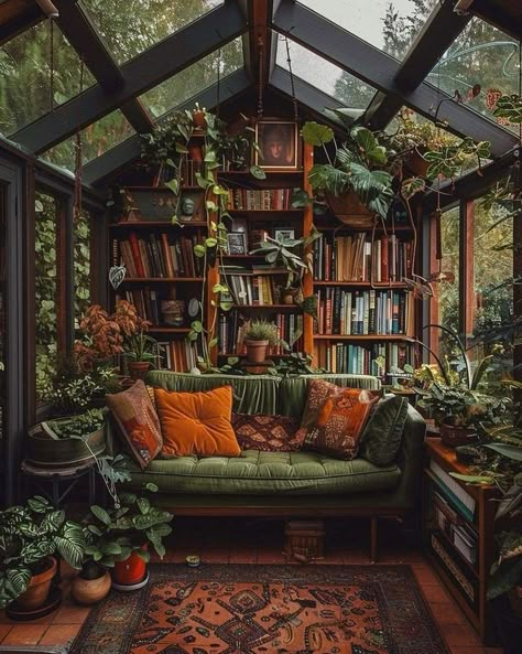 Witchy Cabin Interior, Witchy Sunroom, Witchy Office Space, Maxamilist House, Home Library Design, Dream House Rooms, Fantasy House, Dream Apartment, Dream House Interior