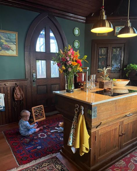 Gothic Revival Kitchen, Stair Riser Ideas, Gothic Revival Interior, Mediterranean Revival, Stair Riser, Gothic Church, Gothic Revival, Stair Risers, Gold Kitchen