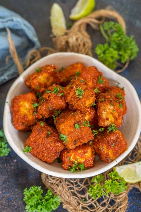 These Crispy Air Fryer Buffalo Tofu Bites are a fabulous healthy appetizer to make for house parties, game nights, movie nights, or snack time. Serve this quick and easy recipe with your favorite dipping sauce. Tofu Bites, Buffalo Tofu, Deep Fried Tofu, Healthy Appetizer, Tandoori Masala, House Parties, Bbq Seasoning, Crispy Tofu, Extra Firm Tofu