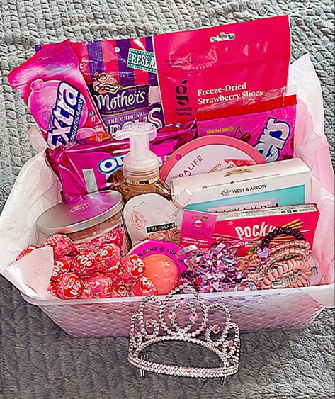 Made this pink gift basket for a friends 16th birthday!🧺🎀 most items can be found at Target 16 Gifts For 16th Birthday Girl Basket, Small Pink Gift Ideas, Pink Baskets Gift Ideas, Pink Basket For Color Party, Pink Birthday Box Ideas, Color Birthday Basket Ideas, All Pink Gift Basket, Gift Basket Target, Pink Basket Birthday Gift