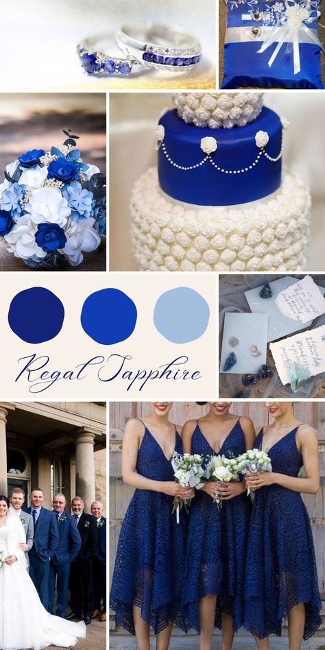 This captivating palette showcases the regal beauty of royal blue, setting the stage for an enchanting celebration. Imagine a ceremony adorned with regal blue accents, from the bridesmaids' dresses to the table settings, creating a sense of majesty and elegance. The Regal Sapphire palette exudes a timeless charm, effortlessly combining classic appeal with a modern twist. Wedding Color Palette 2023, Sapphire Wedding Theme, Color Palette 2023, Sapphire Blue Wedding, Summer Wedding Color Palette, Royal Blue Wedding Theme, Sapphire Blue Weddings, Royal Blue Bridesmaids, Wedding Color Palette Summer