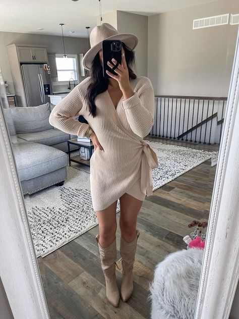 Wrap Sweater Dress Outfit, Neutral Outfits For Family Pictures, Western Boots Outfit Fall, Neutral Outfit Ideas Casual, Neutral Outfits Women, Cowgirl Boots And Dress Outfit, Cowgirl Dresses With Boots, Fall Weather Outfits, Office Outfits Women Casual