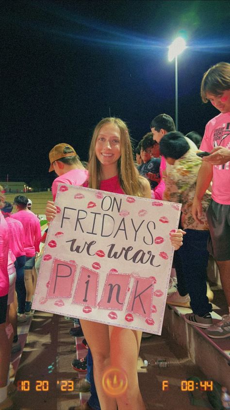 Football pink out student section themed sign Pink Out Football Game Outfits Ideas, Pink Out Outfits Football Game, Dig Pink Poster Ideas, Pinkout Ideas Football Pink Out, Pink Out Signs Football, Pink Out Poster Ideas, Pink Out Outfit Ideas, Pink Out Game Posters, Pink Out Football Game Signs