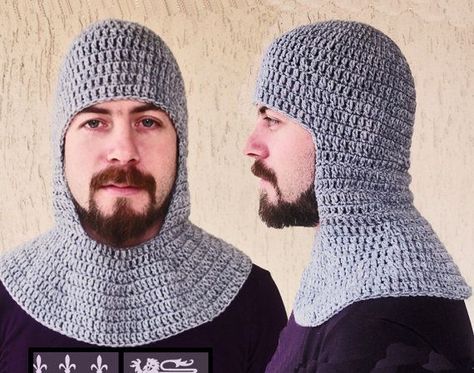 My next project. Crochet Chainmail, Spamalot Costumes, Chainmail Coif, Chenille Crochet, Crochet Boys, Helmet Pattern, Diy Knitting Projects, Chainmail Patterns, Knight Helmet