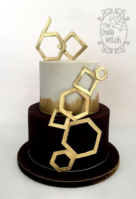 Geometric Shapes Cake, fondant velvet effect with gold Geometric Cake Design, Birthday Cake Gold, Rodjendanske Torte, Cake Design For Men, Birthday Cupcakes Decoration, Cupcakes For Men, Geometric Cake, 60th Birthday Cakes, Beautiful Cake Designs