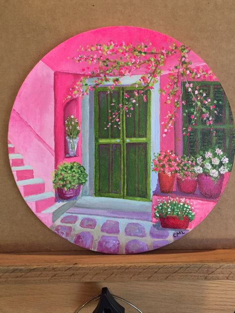 “Green Door”, acrylic August 2020, 7th in ‘Doors and Windows’ series Rounded Canvas Painting, Circle Drawing Painting, Circle Painting Ideas Easy Flowers, Painting For Round Canvas, Acrylic Painting On Circle Canvas, August Painting Ideas, Painting On Circle Canvas, Circle Canvas Painting Ideas, Circle Canvas Painting