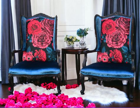 Pair of Boho Inspired Upcycled Ornate Wood Framed Wing Back Chairs in a Bold Floral Print with Dark Teal Velvet and Black Embossed Velvet Wing Back Chairs, Diy Furniture Upholstery, Embossed Velvet, Parisian Decor, Mckenzie And Childs, Teal Velvet, Living Room Design Inspiration, Bold Floral Print, French Chairs