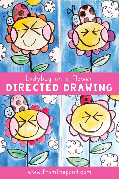 Preschool Drawing Lessons, Spring Directed Drawing 2nd Grade, Grade 1 Painting Ideas, Ladybug Art Kindergarten, First Grade Directed Drawing, From The Pond Directed Drawing, April Directed Drawing Kindergarten, Spring Directed Drawing For Kids, Summer Directed Drawing For Kindergarten