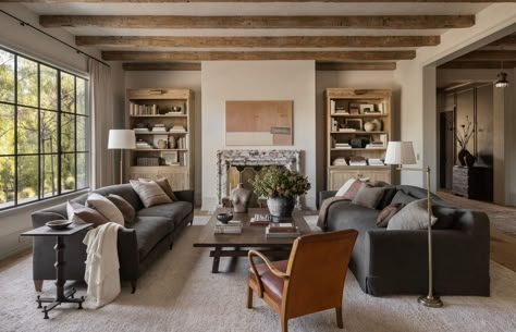 Amber Lewis Interiors, Modern Spanish Colonial, Drake House, Farm Living Room, Earthy Interior, Leather Banquette, Coved Ceiling, Hand Hewn Beams, Marble Fireplace Surround