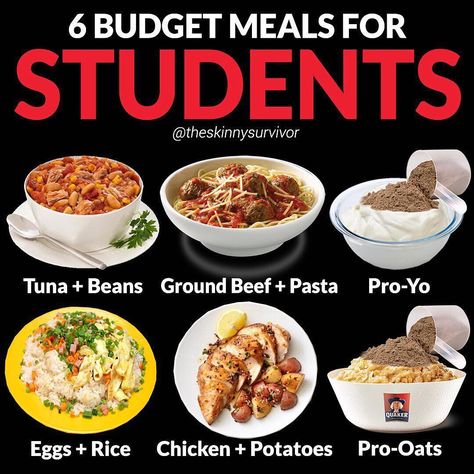 6 BUDGET MEALS FOR STUDENTS by @theskinnysurvivor - Got a big desire for change but a small budget?💁🏻‍♂️💳❌ - Here are 6 meal ideas to help you save money and still build muscle⤵️ - Tuna+Beans: Canned Tuna + Beans is probably the most easy to make budget meal ever.🤤 - Ground Beef + Pasta: Ground beef or turkey and pasta makes a great high protein budget meal🤤 - Pro-Yo: Scoop of whey protein + Greek Yogurt makes a great high protein budget meal.🤤 - Eggs+Rice: Makes a great high protein budge Meals For Students, Pasta Ground Beef, Guava Benefits, Healthy Weight Gain Foods, Ground Beef Pasta, Nutrition Sportive, Student Recipes, Canned Tuna, Beef Pasta