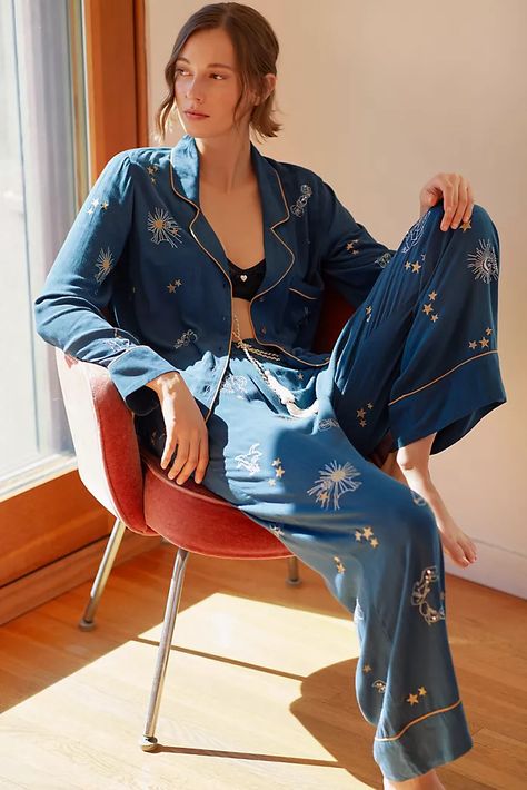 Spring Sleepwear, Celestial Fashion, Spring Pajamas, Embroidered Pajamas, Anthropologie Style, Comfortable Pajamas, Starry Eyed, Sleep Wear, Sleepwear Sets