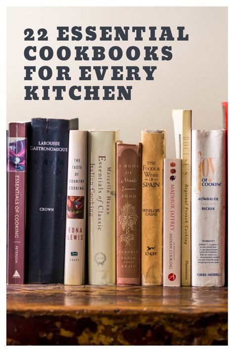 22 Essential Cookbooks for Every Kitchen | Take this list as a starting point—not definitive, and not final. It will never be complete or comprehensive enough. Still, I'll stand by any of these books as deserving of a place on your shelf.  #cookbooks #kitchen #cooking Cook Books For Beginners, Best Cookbooks 2022, Must Have Cookbooks, Recipe Book Shelf Kitchen, Cooking Books In Kitchen, Cookbooks On Counter, Cookbook Categories List, Best Cookbooks Of All Time, Vintage Cook Books