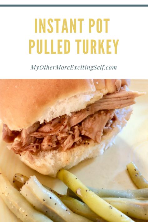 Cooking turkey in the pressure cooker with a sauce for pulled turkey sandwiches. Pulled Turkey Instant Pot, Shredded Turkey Sandwiches, Turkey Instant Pot, Pulled Turkey Sandwiches, Turkey Entrees, Pulled Turkey, Shredded Turkey Recipes, Hot Turkey Sandwiches, Turkey Thighs